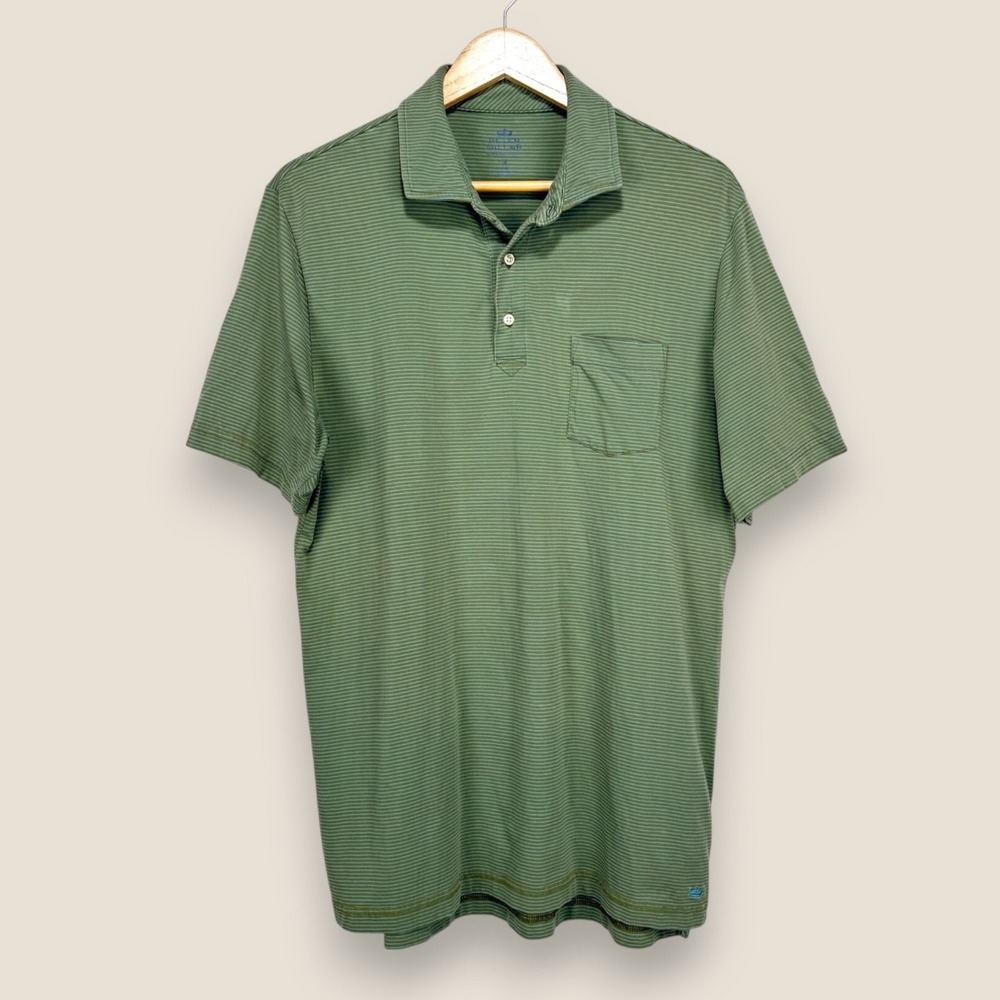 Peter Millar Mountainside Polo Golf Shirt Men Medium Green Blue Striped Cotton‎